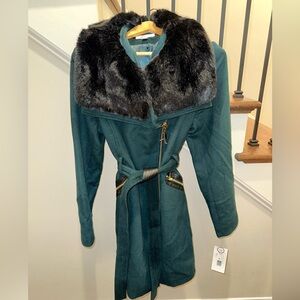 NWT Via Spiga Fur Collar Leather Accent Belt Coat Hunter Green Size L